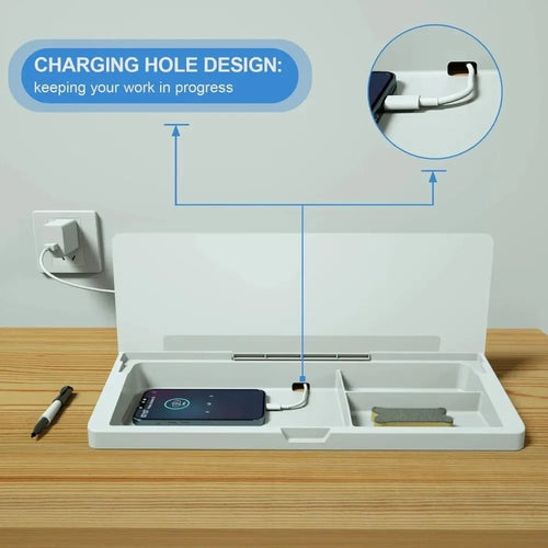 SIMPLIX desk whiteboard organiser showing built in charging cable access and storage compartments