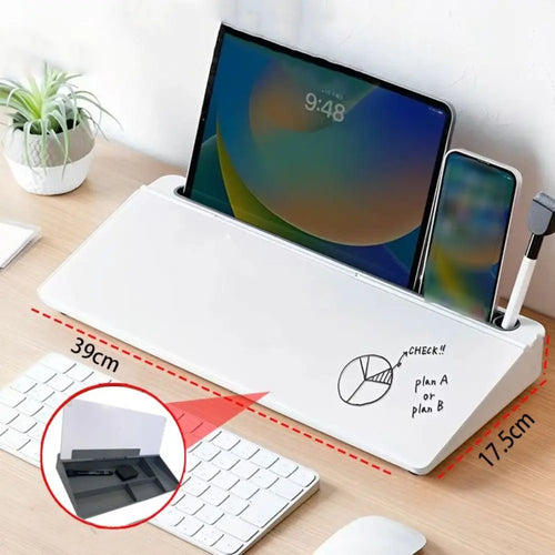 SIMPLIX glass desk whiteboard organiser with tablet stand, phone holder and storage tray on a desk